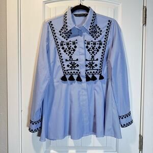 Zara top blue and white stripe with black embroidery size Small